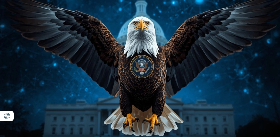 عقاب باشکوه با نشان کمیسیون بورس آمریکا (SEC) روی سینه، نمادی از نظارت بر دنیای مالی دیجیتال.